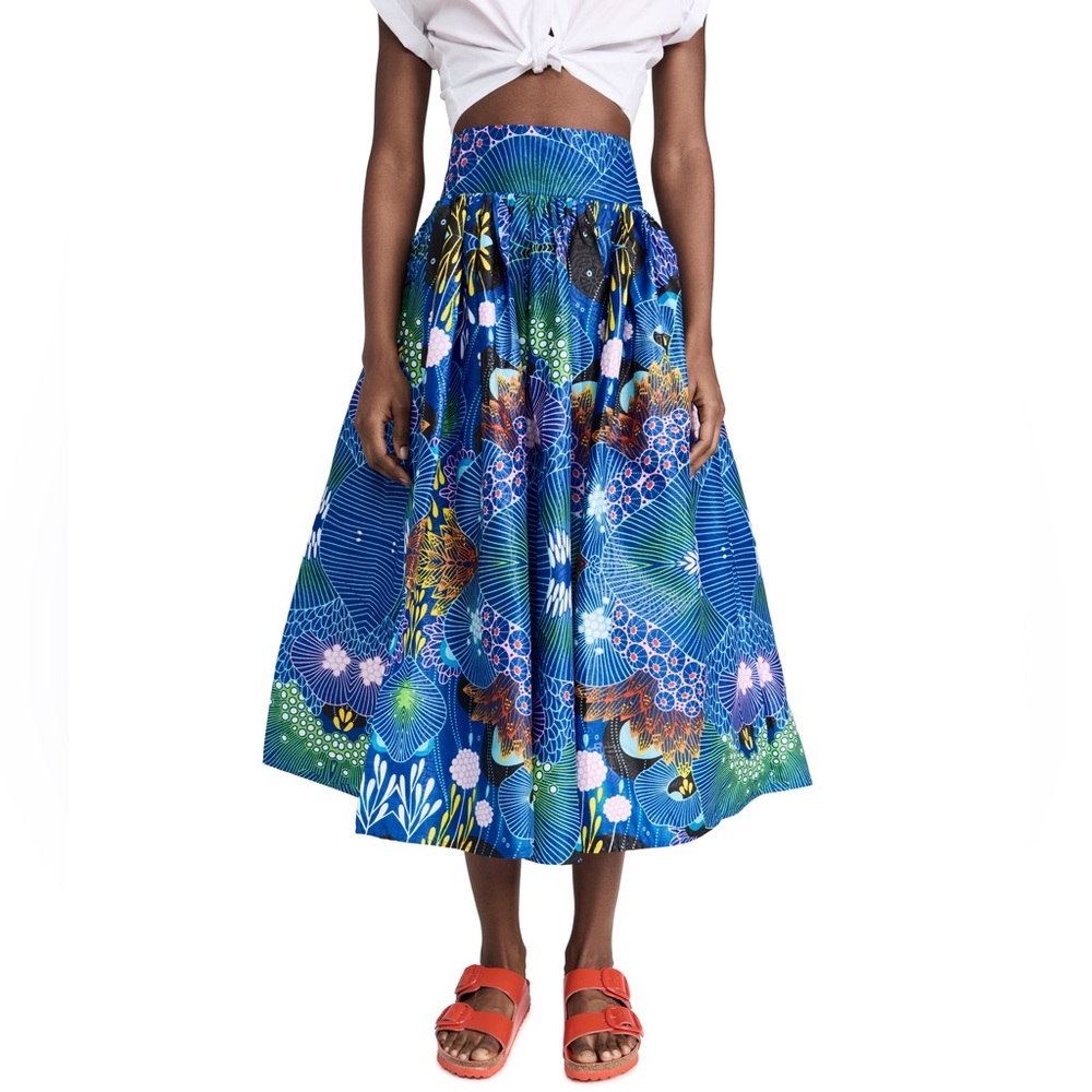RARE ELISAMAMA Navy Blue Ebun Novelty Print Poplin Banded Waist Skirt Sz S
